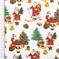 Baumwollstoff Perkal Weihnachtsmann Hohoho weiß rot grün 1,5m Breite Weihnachtsstoff mit Weihnachtsmännern, Tannenbäumen und Geschenken, Baumwolle, Hintergrund weiß, Maßband am Rand