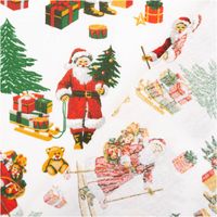 Baumwollstoff Perkal Weihnachtsmann Hohoho weiß rot grün 1,5m Breite Perkal Baumwolle weiß mit Motiv Weihnachtsmann, Geschenken und Tannenbäumen, Vorder- und Rückseite sichtbar