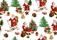 Baumwollstoff Perkal weiß mit nostalgischen Weihnachtsmännern auf Skiern, Tannenbäumen und Geschenken, Draufsicht Baumwollstoff Perkal weiß mit nostalgischen Weihnachtsmännern auf Skiern, Tannenbäumen und Geschenken, Draufsicht