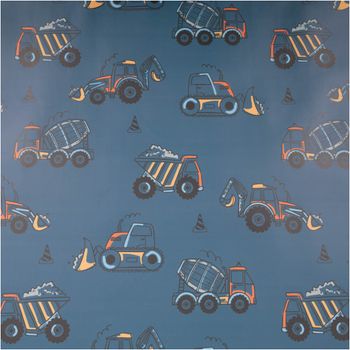Regenjackenstoff Aqua Protect wasserdicht soft Baufahrzeuge Bagger jeansblau orange 145cm Breite Jeansblauer Regenjackenstoff mit buntem Baufahrzeug-Motiv und kleinen Verkehrshütchen