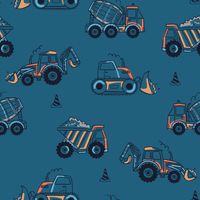 Regenjackenstoff Aqua Protect wasserdicht mit Baggern und Kippern in Orange auf Jeansblau Regenjackenstoff Aqua Protect wasserdicht mit Baggern und Kippern in Orange auf Jeansblau