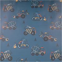 Regenjackenstoff Aqua Protect wasserdicht soft Baufahrzeuge Bagger jeansblau orange 145cm Breite Jeansblauer Regenjackenstoff mit buntem Baufahrzeug-Motiv und kleinen Verkehrshütchen