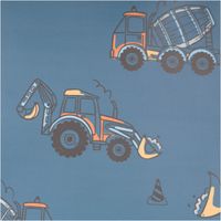 Regenjackenstoff Aqua Protect wasserdicht soft Baufahrzeuge Bagger jeansblau orange 145cm Breite Wasserdichter Stoff in Jeansblau mit orange-blauen Baufahrzeugen und Bagger-Motiv auf der Oberfläche