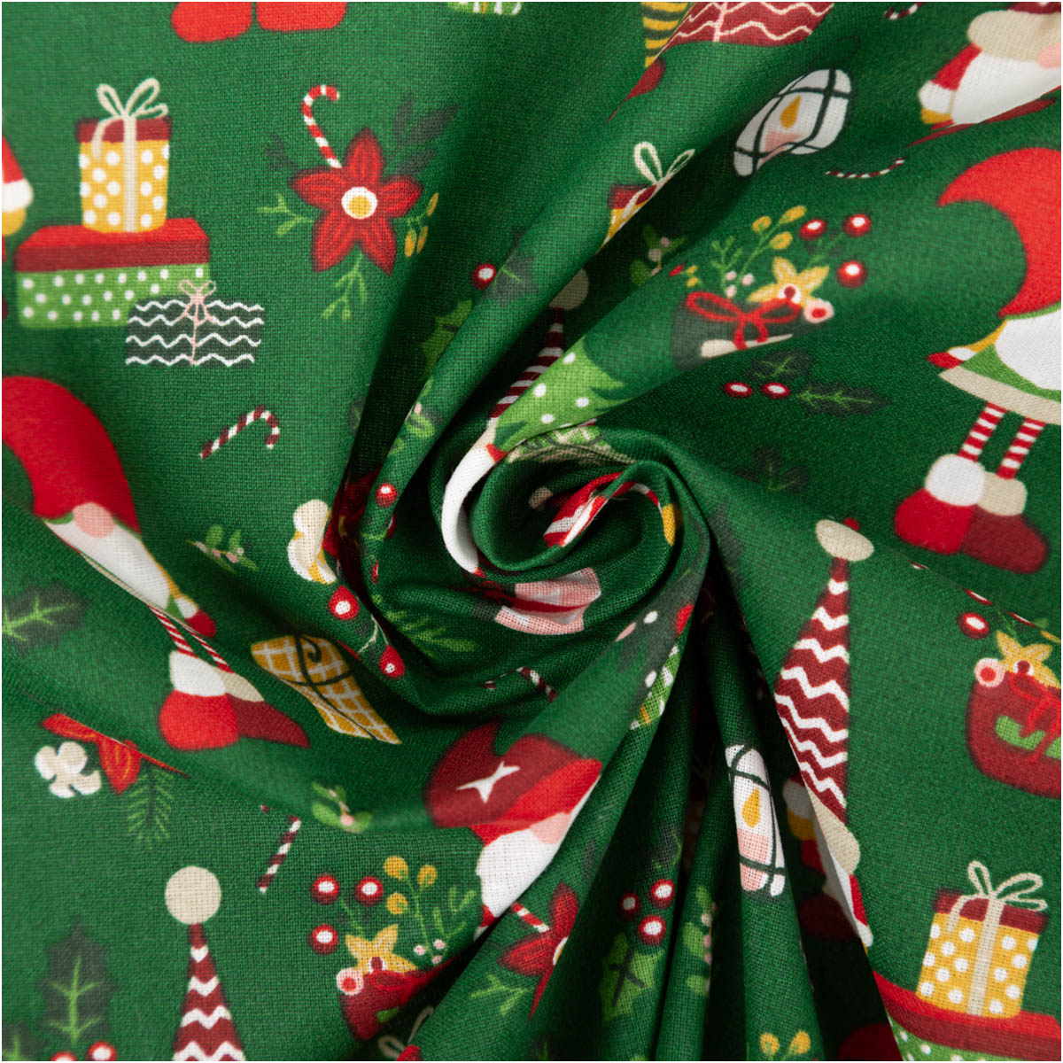 Baumwollstoff Perkal Weihnachten Wichtel Lutin dunkelgrün rot 1,5m Breite grüner Baumwollstoff mit Weihnachtsmotiven und Wichteln zur Spirale gedreht