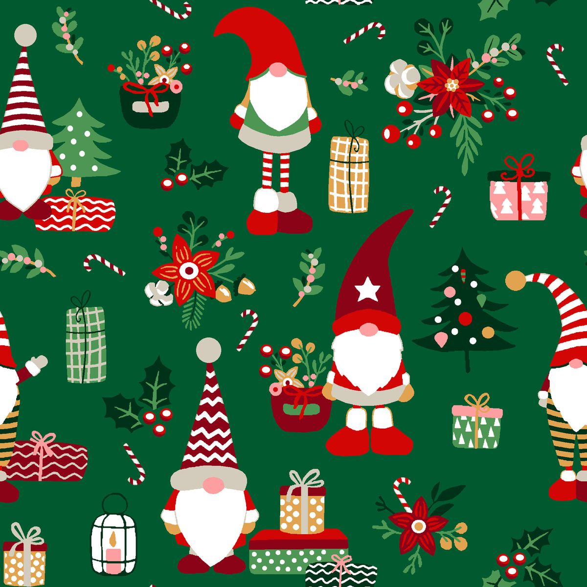 Baumwollstoff Perkal dunkelgrün mit Wichteln in roten Zipfelmützen, Geschenken und Weihnachtssternen, Draufsicht Baumwollstoff Perkal dunkelgrün mit Wichteln in roten Zipfelmützen, Geschenken und Weihnachtssternen, Draufsicht