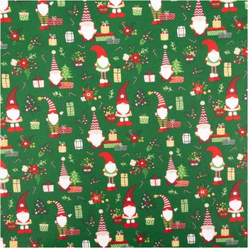 Baumwollstoff Perkal Weihnachten Wichtel Lutin dunkelgrün rot 1,5m Breite Baumwollstoff mit Weihnachtswichteln und Geschenken auf dunkelgrünem Grund, vollständig ausgebreitet