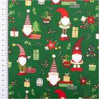 Baumwollstoff Perkal Weihnachten Wichtel Lutin dunkelgrün rot 1,5m Breite Baumwollstoff mit Perkalmotiv auf grünem Grund, Weihnachtswichtel, Geschenke, Nahaufnahme mit Lineal