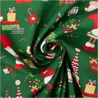Baumwollstoff Perkal Weihnachten Wichtel Lutin dunkelgrün rot 1,5m Breite grüner Baumwollstoff mit Weihnachtsmotiven und Wichteln zur Spirale gedreht