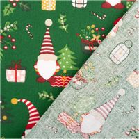 Baumwollstoff Perkal Weihnachten Wichtel Lutin dunkelgrün rot 1,5m Breite Perkal Baumwollstoff mit Weihnachtswichteln, Geschenken und Bäumen, Vorder- und Rückseite sichtbar