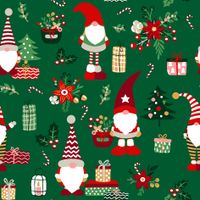 Baumwollstoff Perkal dunkelgrün mit Wichteln in roten Zipfelmützen, Geschenken und Weihnachtssternen, Draufsicht Baumwollstoff Perkal dunkelgrün mit Wichteln in roten Zipfelmützen, Geschenken und Weihnachtssternen, Draufsicht