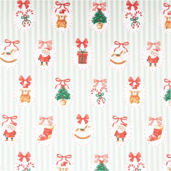 Baumwollstoff Perkal Weihnachten Nostalgie Streifen Sweetie hellgrün weiß rot 1,5m Breite Nahaufnahme von Baumwollstoff mit hellgrünen Streifen und Weihnachtsmotiven wie Baum, Bären, Zuckerstangen und Schleifen