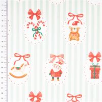 Baumwollstoff Perkal Weihnachten Nostalgie Streifen Sweetie hellgrün weiß rot 1,5m Breite hellgrüner Perkalstoff mit weißen Streifen, Weihnachtsmotiven wie Zuckerstangen, Geschenken und Bär, links Maßband