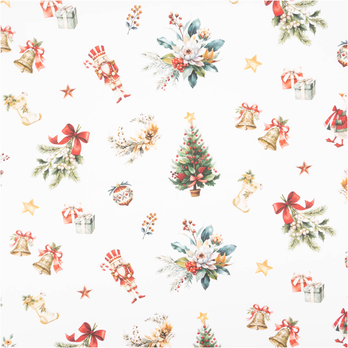 Baumwollstoff Perkal Weihnachten Vintage Tannenzweige Uncle Harry weiß bunt 1,5m Breite weißer Baumwollstoff mit Weihnachtsmotiven wie Tannenzweigen, Geschenken, Nussknacker und Christbaum