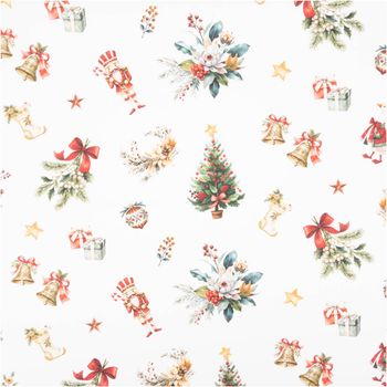 Baumwollstoff Perkal Weihnachten Vintage Tannenzweige Uncle Harry weiß bunt 1,5m Breite weißer Baumwollstoff mit Weihnachtsmotiven wie Tannenzweigen, Geschenken, Nussknacker und Christbaum