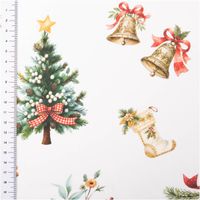 Baumwollstoff Perkal Weihnachten Vintage Tannenzweige Uncle Harry weiß bunt 1,5m Breite weißer Perkal mit grünen Tannenzweigen, goldenen Glocken und Weihnachtsstrumpf, links Maßband