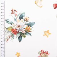 Baumwollstoff Perkal Weihnachten Vintage Tannenzweige Uncle Harry weiß bunt 1,5m Breite Perkal Baumwollstoff mit floralen Weihnachtsmotiven, goldgelben Sternen und Maßband am linken Rand