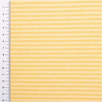 Dekostoff Dobby Streifen 3mm gelb beige 1,40m Breite gelb-beiger Dobby-Stoff mit diagonalen Streifen, flach ausgebreitet, links ein Maßband in Nahaufnahme