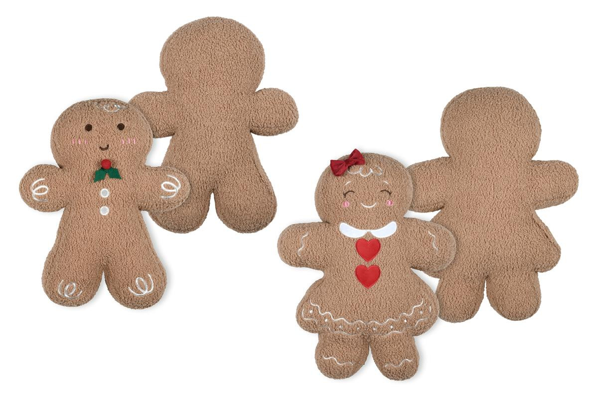 Zwei Lebkuchenmann-Kissen aus Teddyplüsch in Camel, Vorder- und Rückseite, Junge und Mädchen Zwei Lebkuchenmann-Kissen aus Teddyplüsch in Camel, Vorder- und Rückseite, Junge und Mädchen