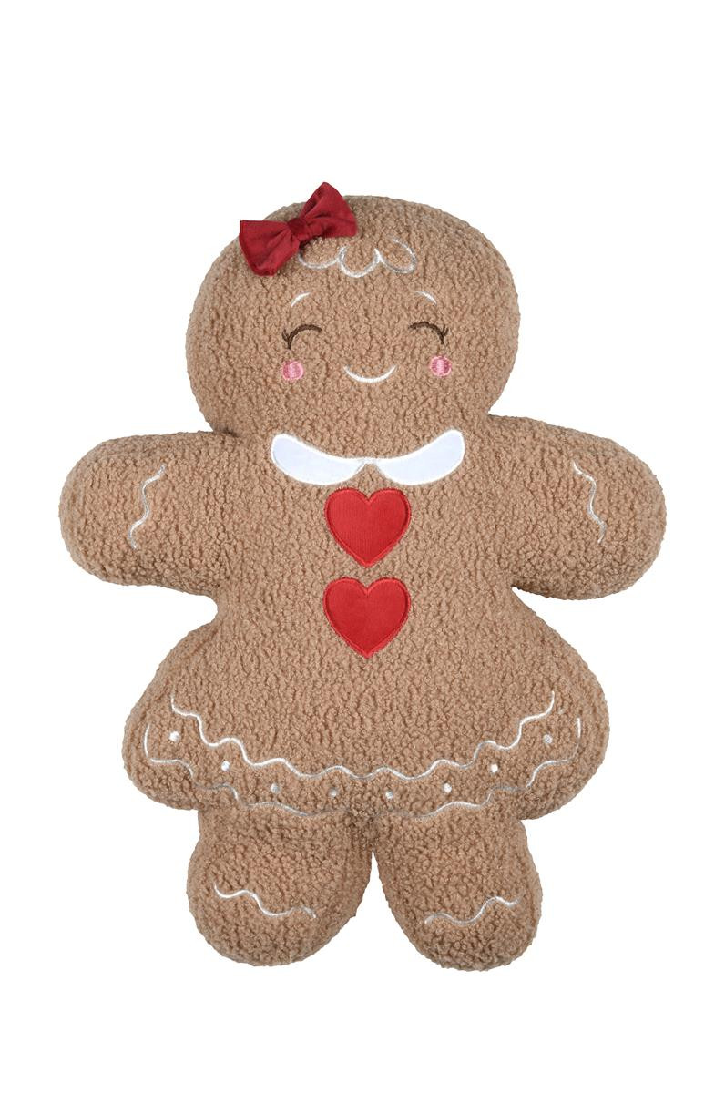 Lebkuchenmädchen-Kissen aus Plüsch in Camel mit roter Schleife, Herzen und weißer Stickerei Lebkuchenmädchen-Kissen aus Plüsch in Camel mit roter Schleife, Herzen und weißer Stickerei