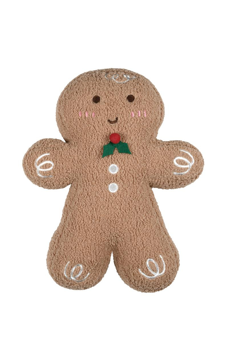 Lebkuchenmann-Kissen aus Plüsch in Camel mit Stechpalmenzweig und weißen Knöpfen Lebkuchenmann-Kissen aus Plüsch in Camel mit Stechpalmenzweig und weißen Knöpfen