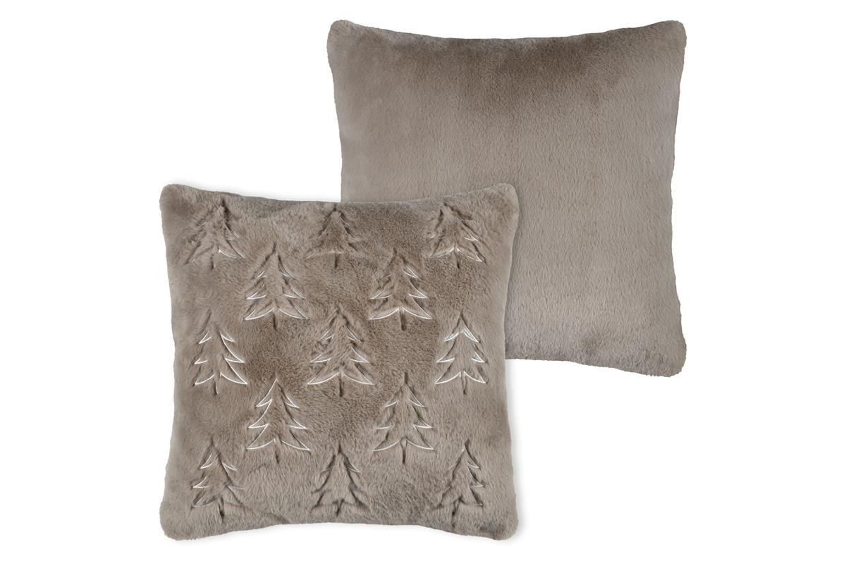 Kunstfellkissen in Taupe mit geprägten Tannenbäumen, Vorder- und uni Rückseite Kunstfellkissen in Taupe mit geprägten Tannenbäumen, Vorder- und uni Rückseite
