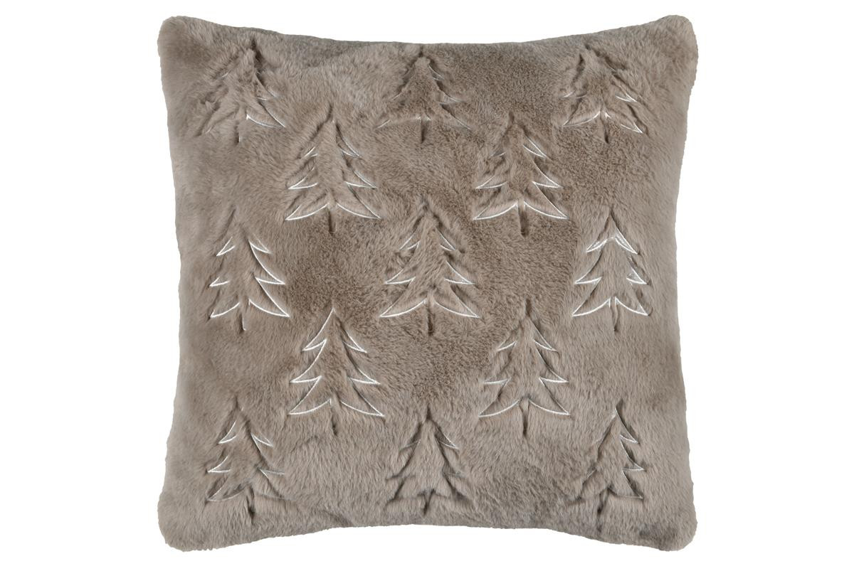 Quadratisches Kunstfellkissen in Taupe mit geprägtem Muster aus kleinen Tannenbäumen Quadratisches Kunstfellkissen in Taupe mit geprägtem Muster aus kleinen Tannenbäumen