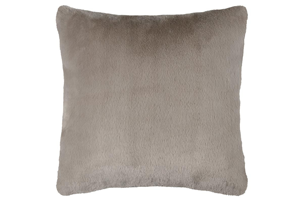 Rückseite des Kunstfellkissens in Taupe, uni und weich Rückseite des Kunstfellkissens in Taupe, uni und weich