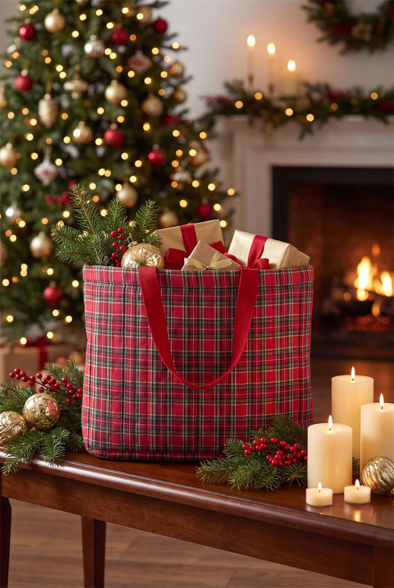 Tartan-Tasche mit Geschenken vor Weihnachtsbaum und Kamin Tartan-Tasche mit Geschenken vor Weihnachtsbaum und Kamin