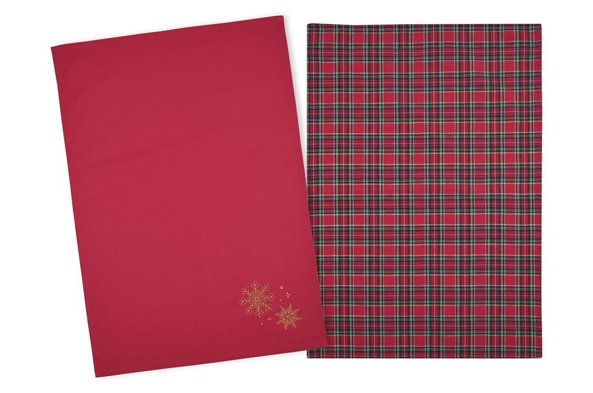 Zwei Geschirrtücher: uni rot mit goldenen Schneeflocken und Tartan-Karo rot grün