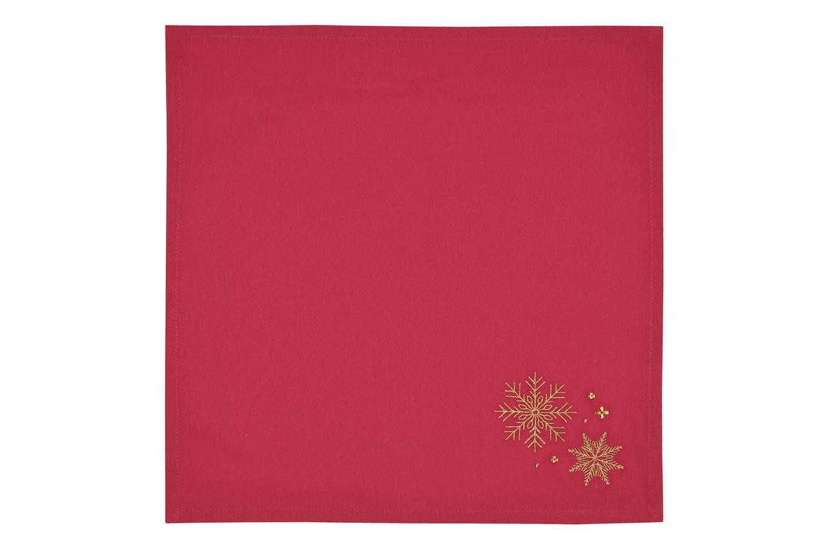Stoffserviette 40x40 cm in Uni-Rot mit goldenen Schneeflocken in der Ecke Stoffserviette 40x40 cm in Uni-Rot mit goldenen Schneeflocken in der Ecke