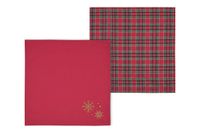 Zwei Stoffservietten: uni rot mit goldenen Schneeflocken und Tartan-Karo Zwei Stoffservietten: uni rot mit goldenen Schneeflocken und Tartan-Karo