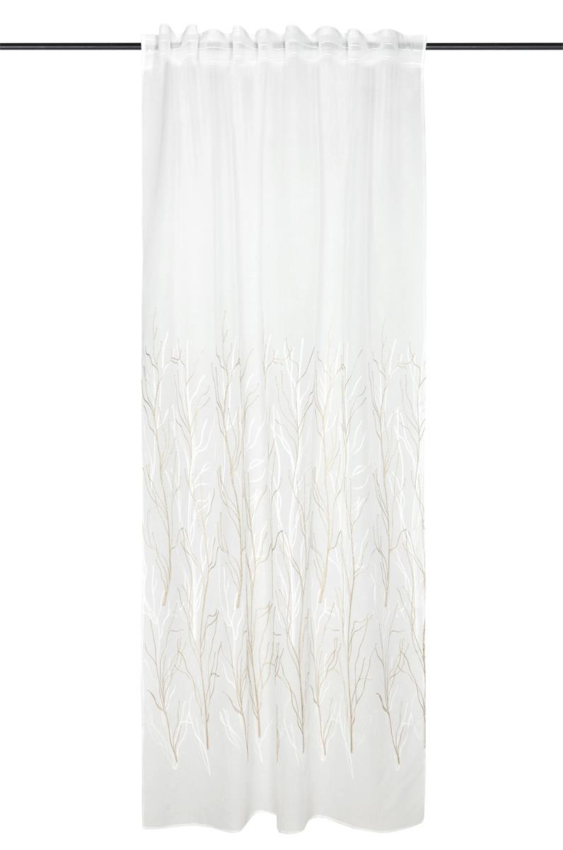 Weißer Voile-Vorhang mit Kräuselband und gestickten Gräsern an einer Gardinenstange Weißer Voile-Vorhang mit Kräuselband und gestickten Gräsern an einer Gardinenstange
