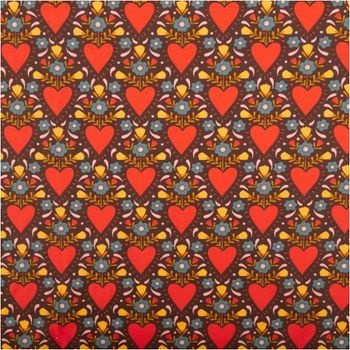 Baumwollstoff Popeline Herzen Blumen schokobraun rot 1,50m Breite Popeline Baumwollstoff mit Herz und Blumen Motiv in schokobraun und rot, flach ausgebreitet